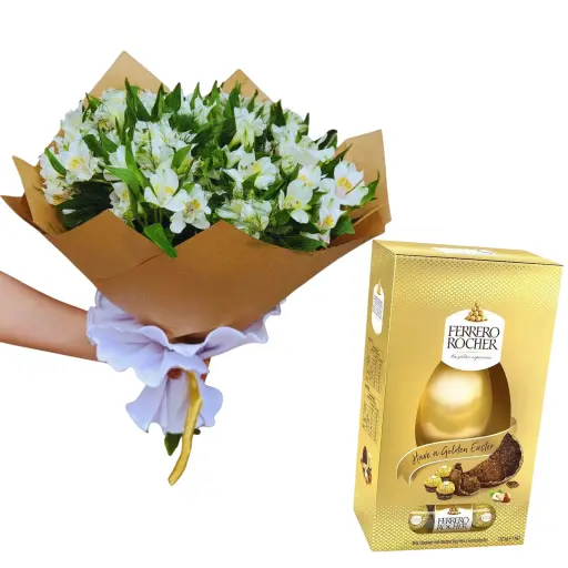 Ramo de flores astromelias blancas con huevo pascua rocher box